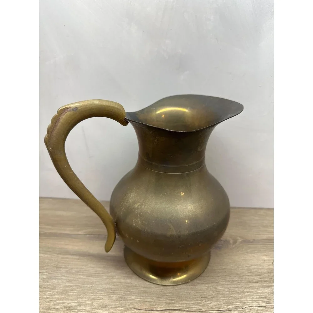 Vintage Aged Solid Brass Pitcher Cast Handle Patina Rustic Decor Vase